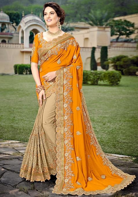 Orange Embroidered Satin
 Saree Set
