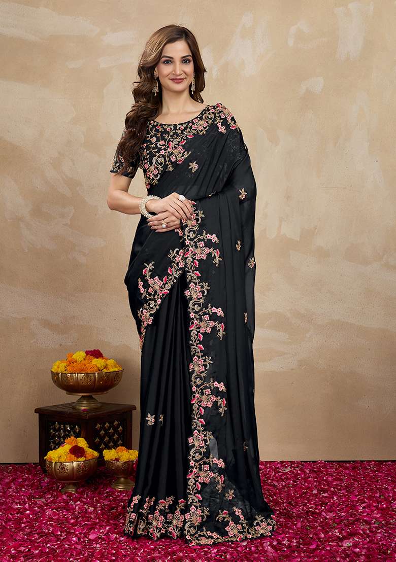 Black Embroidered Silk Saree Set - Indya