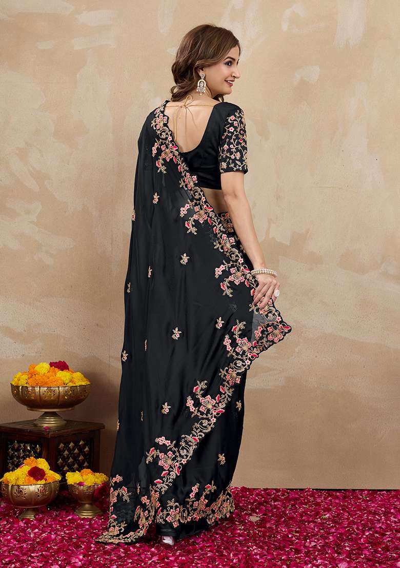 Black Embroidered Silk Saree Set - Indya