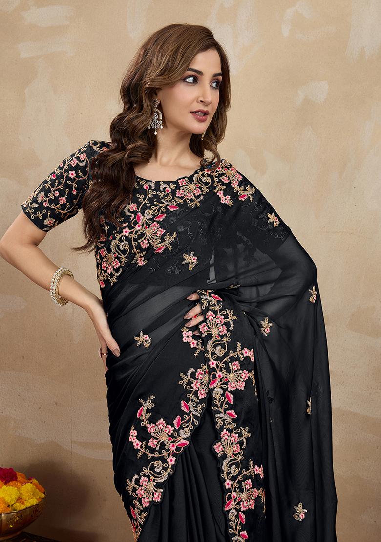 Black Embroidered Silk Saree Set