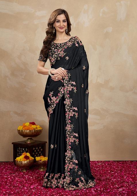 Black Embroidered Silk Saree Set