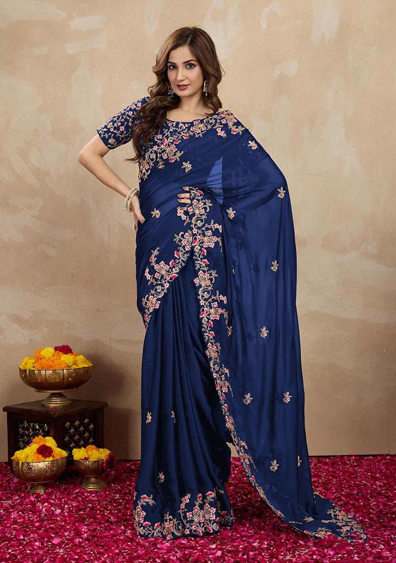 Blue Embroidered Silk Saree Set