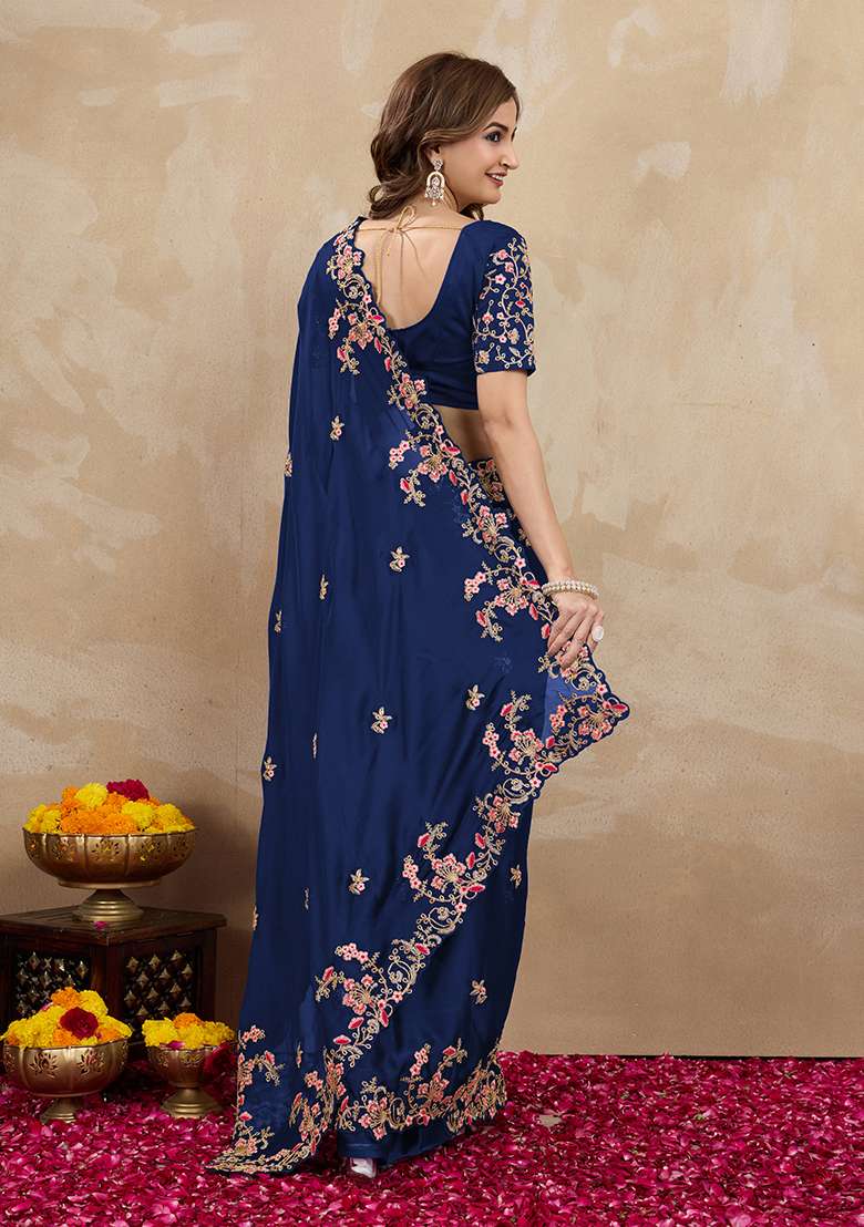 Blue Embroidered Silk Saree Set - Indya