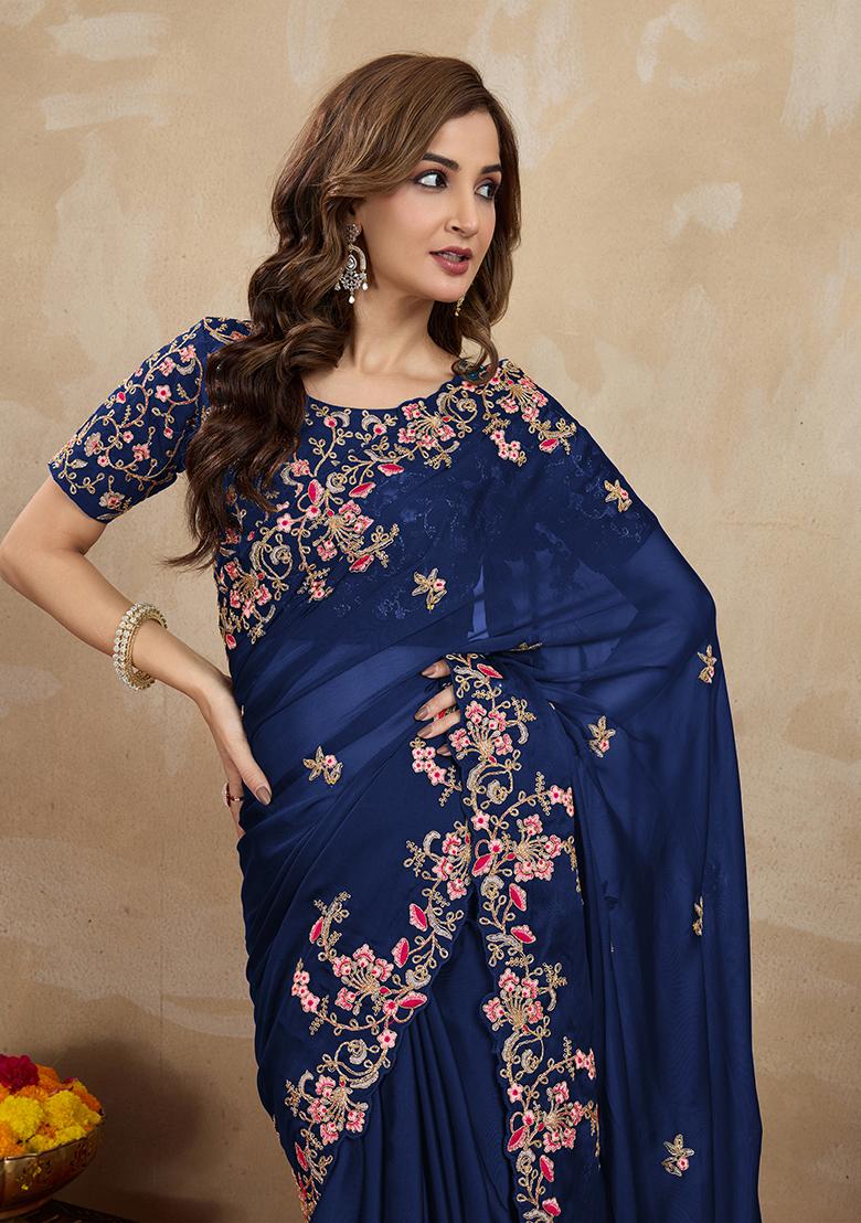 Blue Embroidered Silk Saree Set