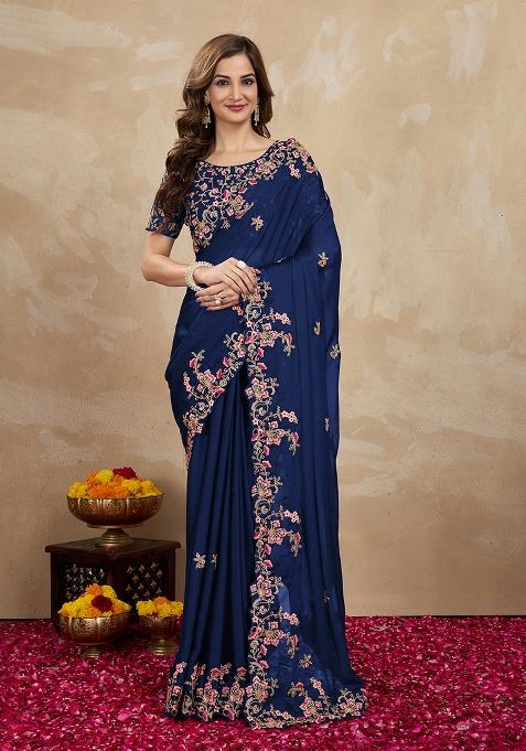 Blue Embroidered Silk Saree Set