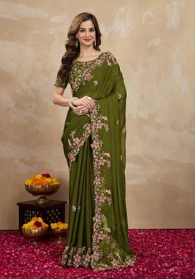 Mehendi Green Embroidered Silk Saree Set