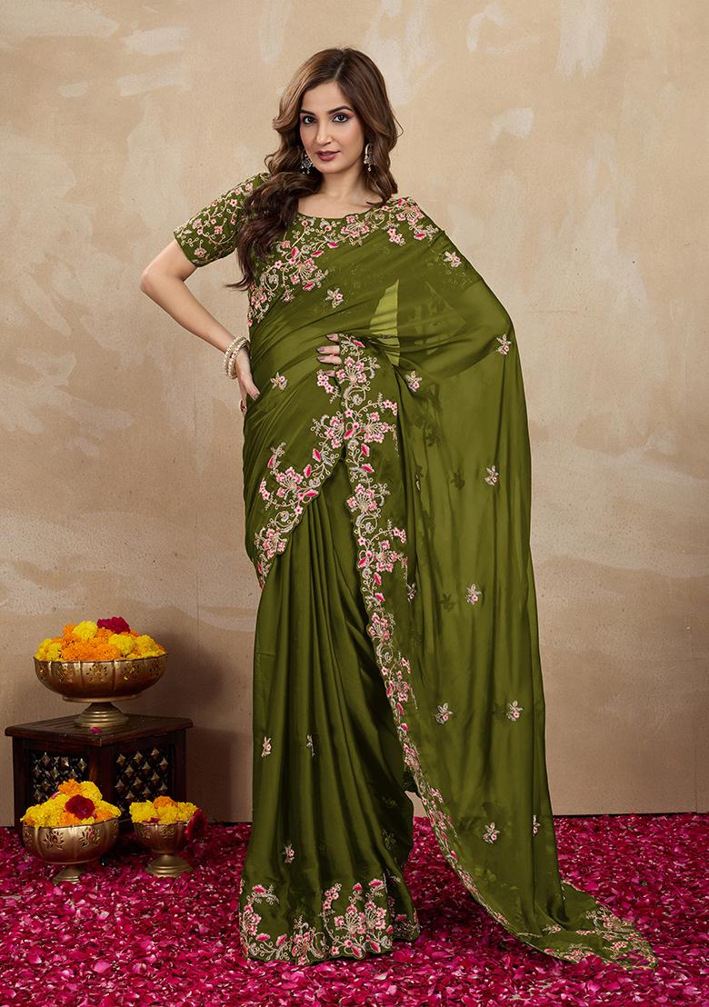 Mehendi Green Embroidered Silk Saree Set