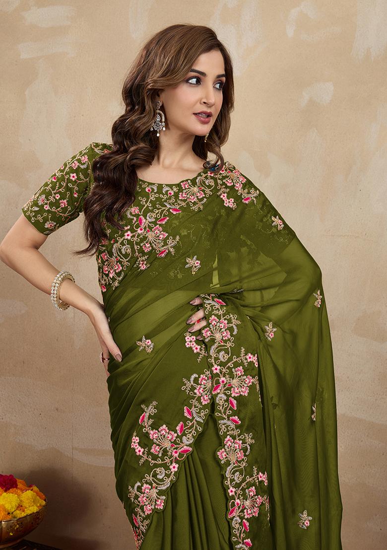 Mehendi Green Embroidered Silk Saree Set