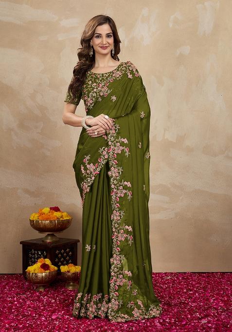 Mehendi Green Embroidered Silk Saree Set