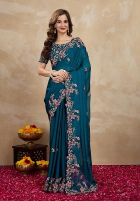 Morpeach Blue Embroidered Silk Saree Set