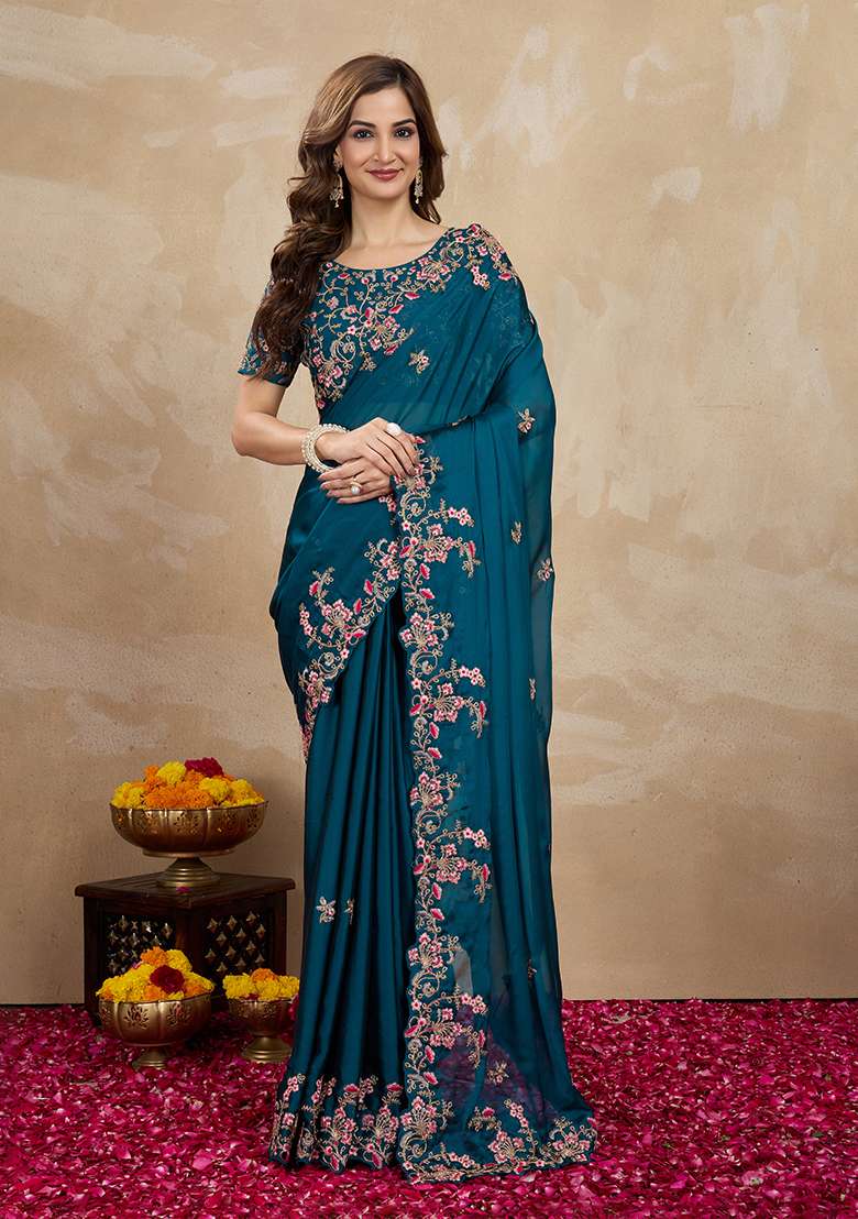Morpeach Blue Embroidered Silk Saree Set - Indya