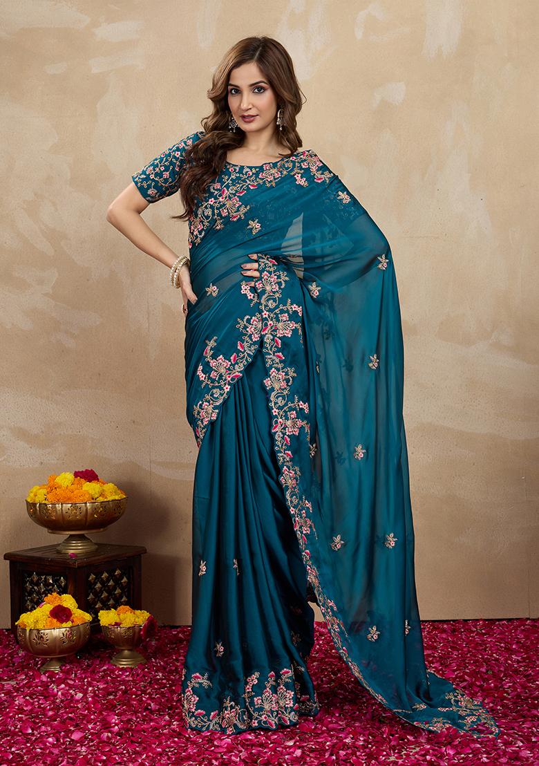 Morpeach Blue Embroidered Silk Saree Set