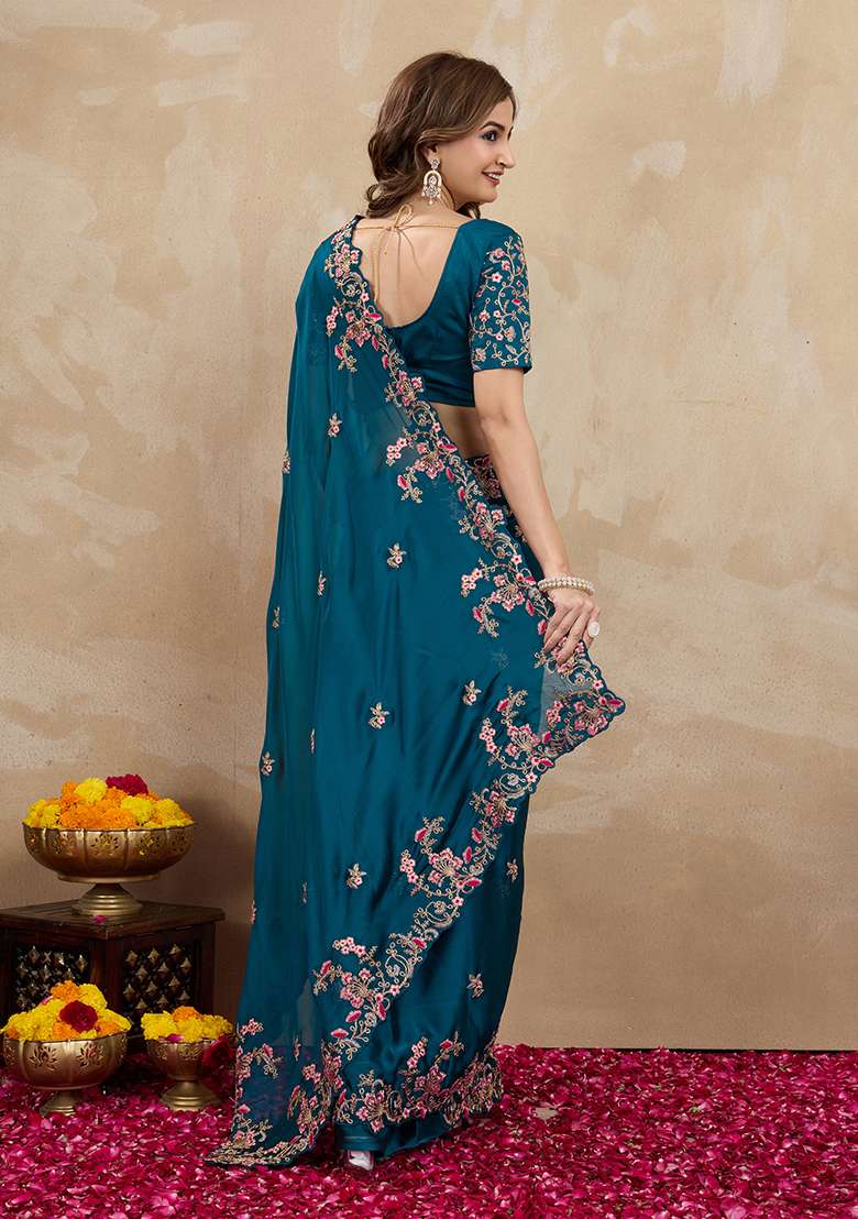 Morpeach Blue Embroidered Silk Saree Set - Indya