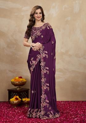 Purple Embroidered Silk Saree Set
