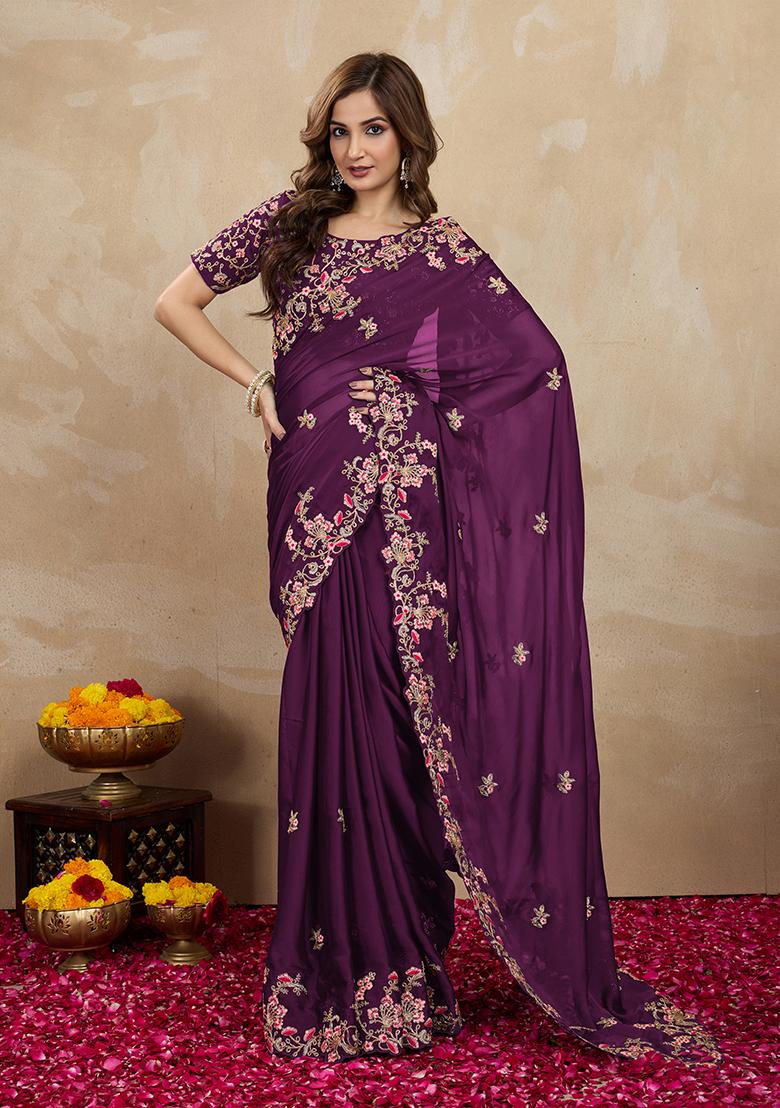 Purple Embroidered Silk Saree Set
