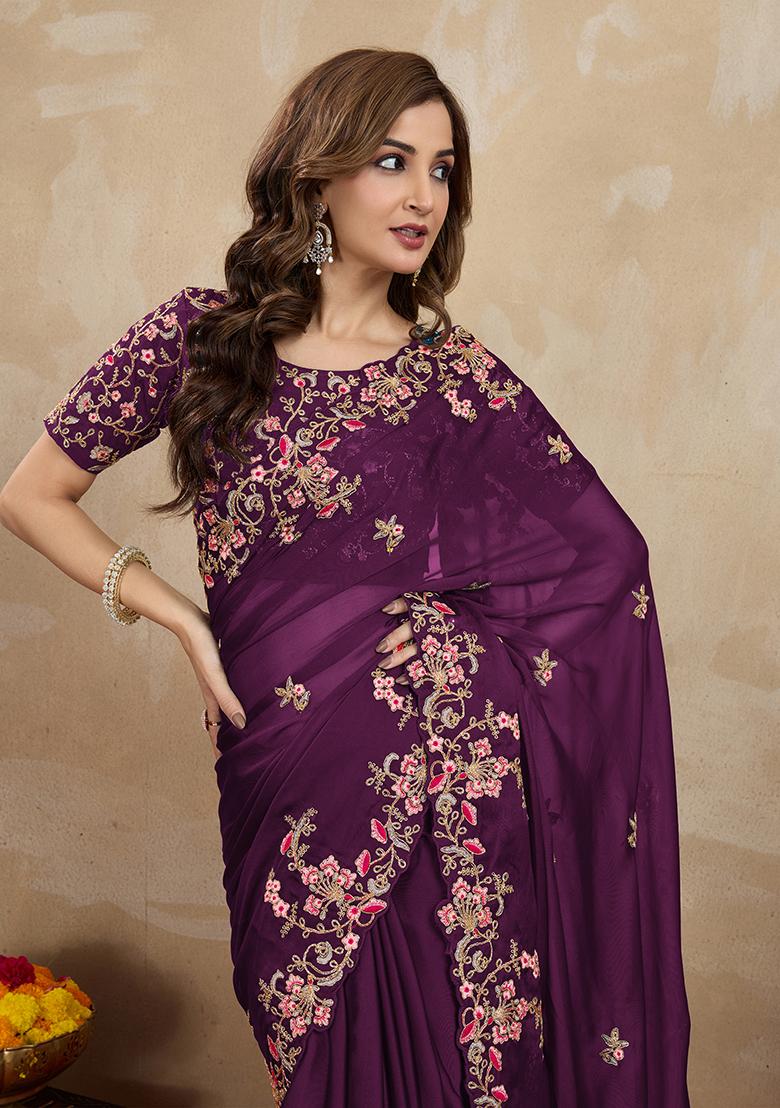 Purple Embroidered Silk Saree Set