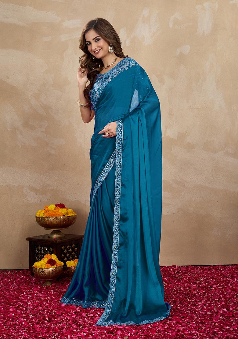 Morpeach Blue Embroidered Silk Saree Set