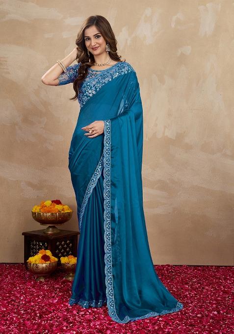 Morpeach Blue Embroidered Silk Saree Set