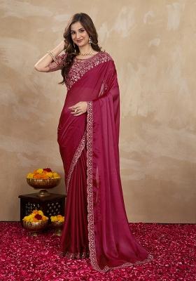 Purple Embroidered Silk Saree Set