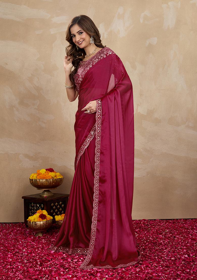 Purple Embroidered Silk Saree Set