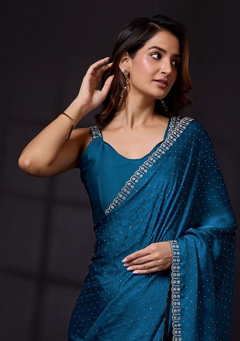 Morpeach Blue Embroidered Satin Georgette Saree Set