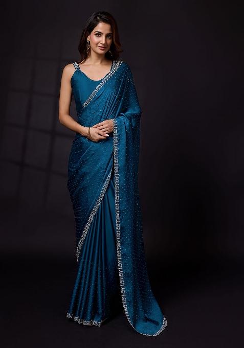 Morpeach Blue Embroidered Satin Georgette Saree Set