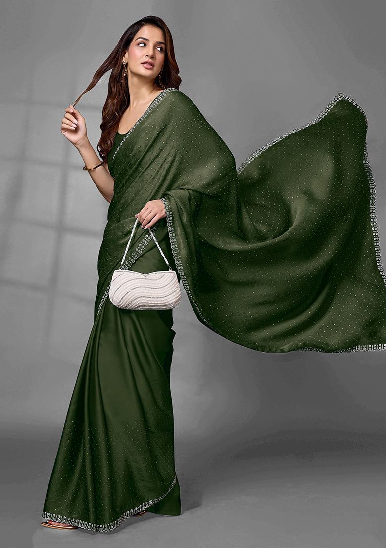 Mehendi Green Embroidered Satin Georgette Saree Set