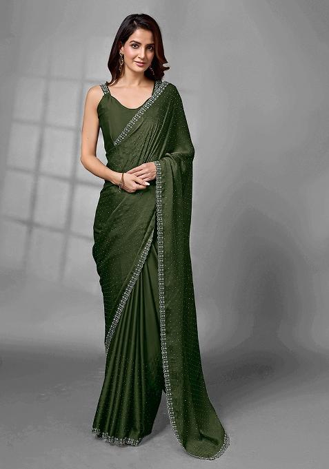 Mehendi Green Embroidered Satin Georgette Saree Set