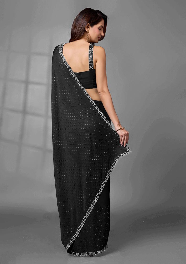 Black Embroidered Satin Georgette Saree Set