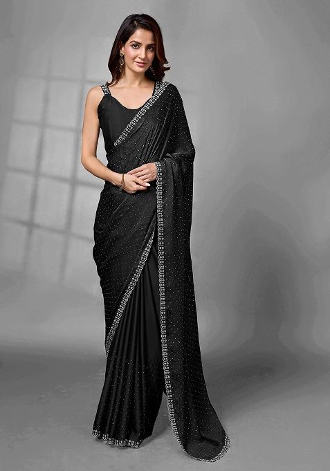 Black Embroidered Satin Georgette Saree Set