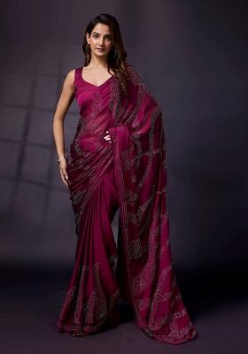 Purple Embroidered Silk Saree Set