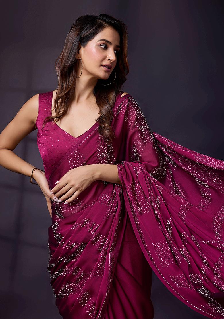 Purple Embroidered Silk Saree Set