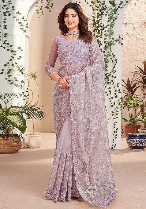 Pink Embroidered Net Saree Set