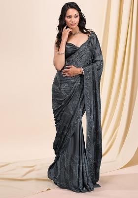 Grey Embroidered Silk Saree Set