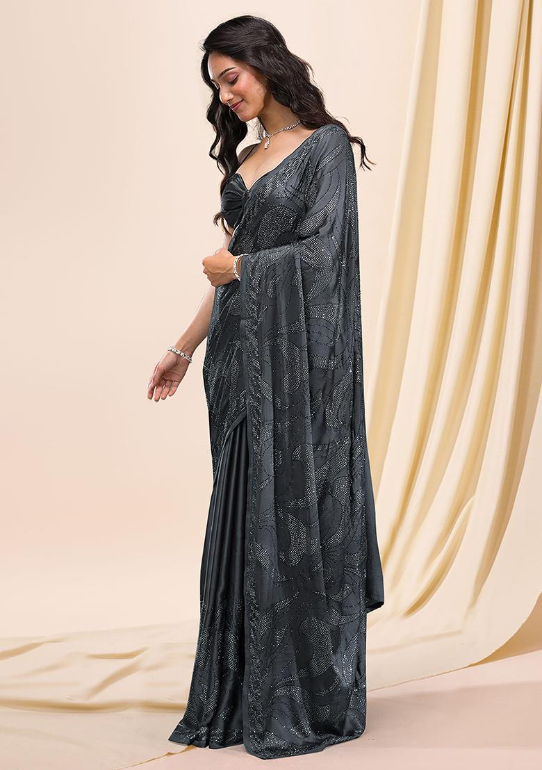 Grey Embroidered Silk Saree Set