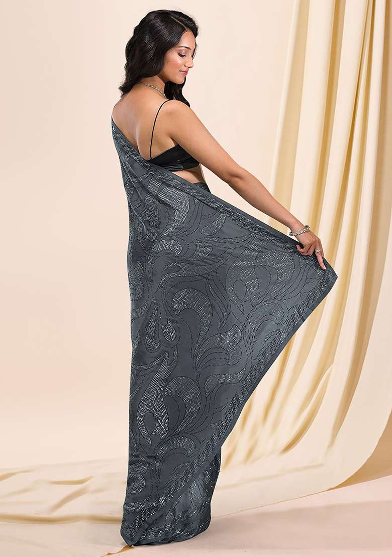 Grey Embroidered Silk Saree Set - Indya