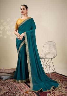 Green Poly Blend Zari Work Saree