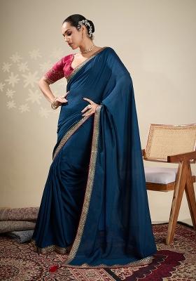 Blue Poly Blend Zari Work Saree