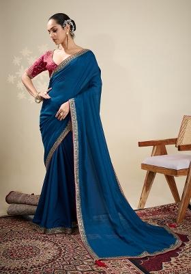 Blue Poly Blend Zari Work Saree