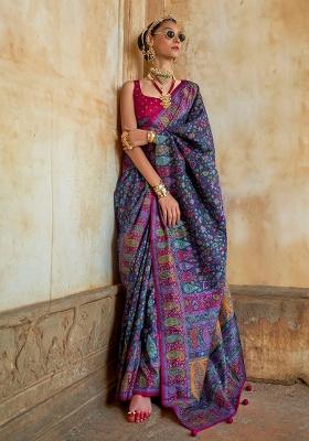 Blue Poly Blend Embroidered Saree