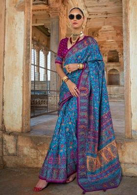 Blue Poly Blend Embroidered Saree
