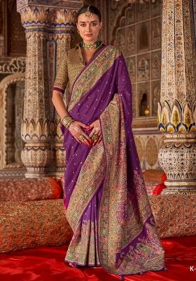 Purple Poly Blend Embroidered Saree