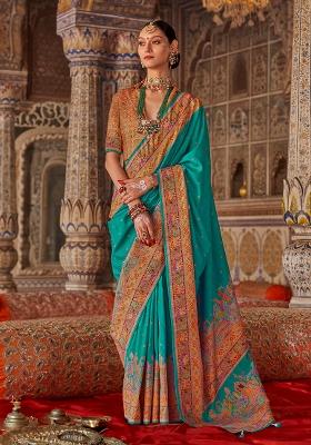 Blue Poly Blend Embroidered Saree