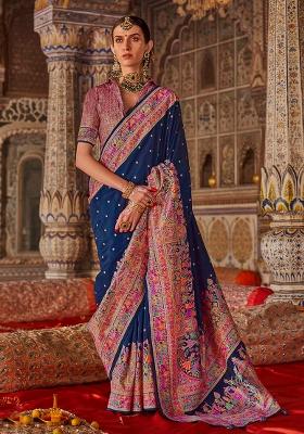 Blue Poly Blend Embroidered Saree
