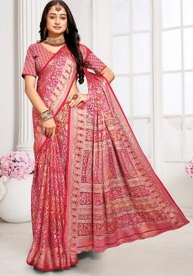 Pink Poly Blend Embroidered Saree