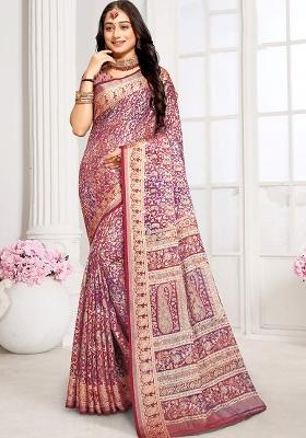 Purple Poly Blend Embroidered Saree