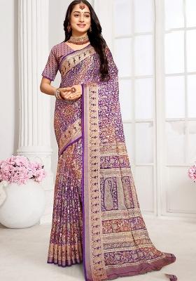 Purple Poly Blend Embroidered Saree