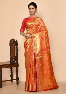Orange Embroidered Pure Silk Saree Set