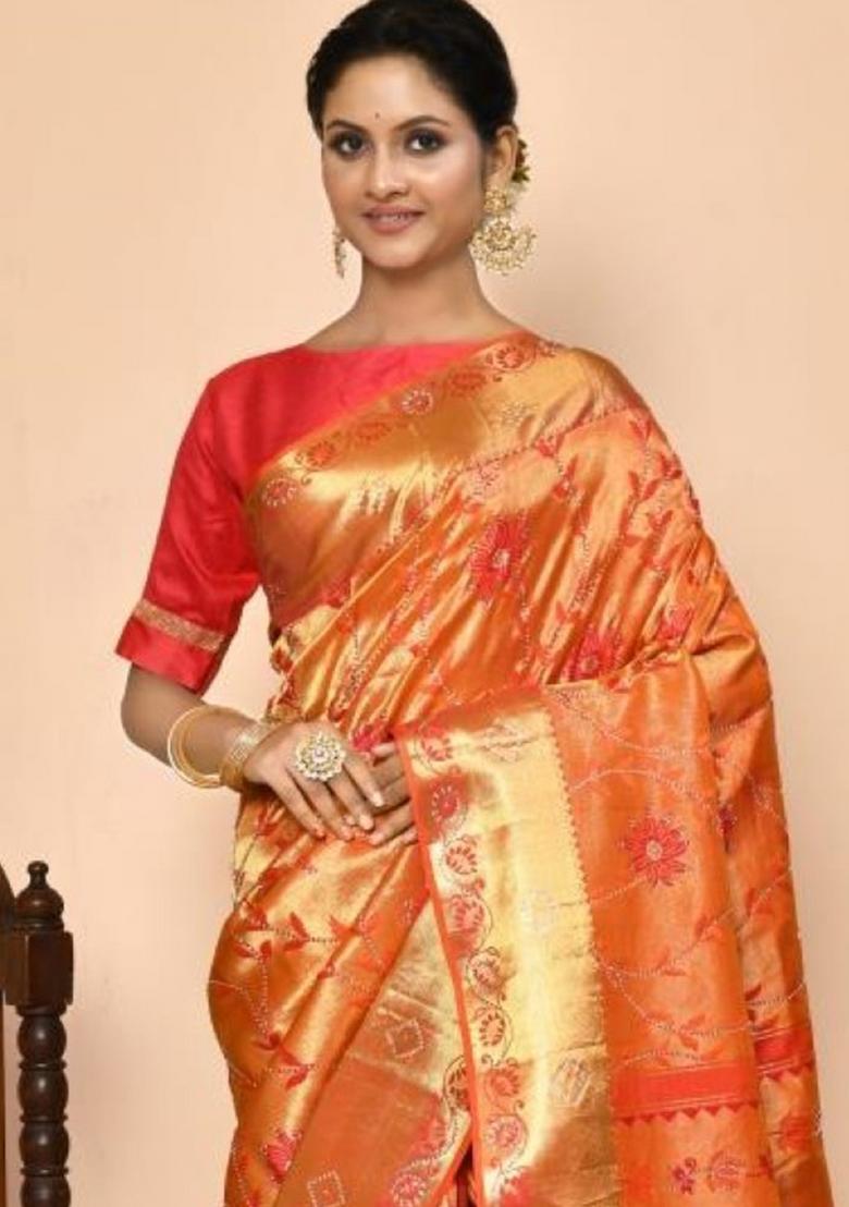 Orange Embroidered Pure Silk Saree Set