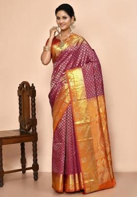 Purple Embroidered Pure Silk Saree Set